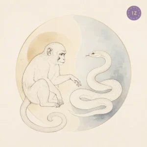 Two minimal gold-line monkey and snake coiled around a divided light circle