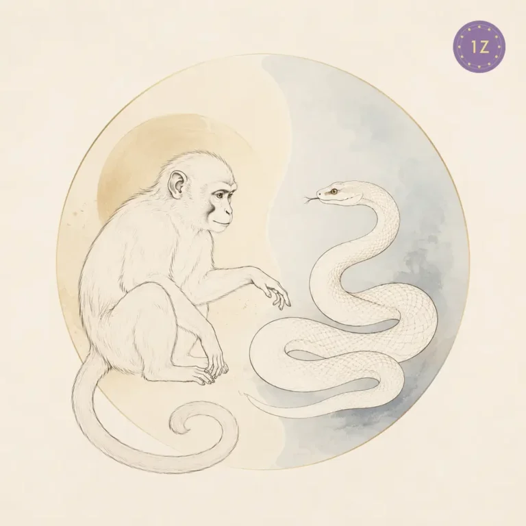 Two minimal gold-line monkey and snake coiled around a divided light circle