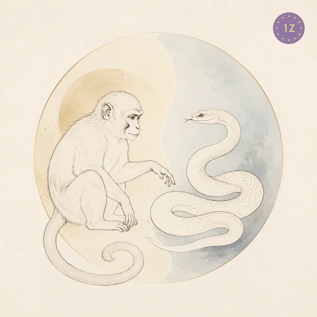 Two minimal gold-line monkey and snake coiled around a divided light circle