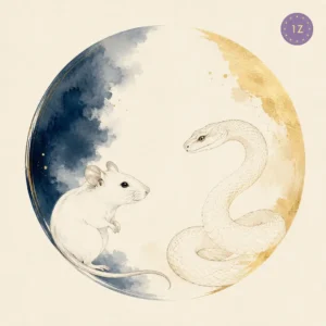 Two minimal gold-line rat and snake circling a shared quiet pool