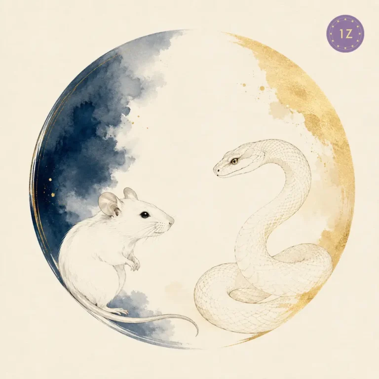 Two minimal gold-line rat and snake circling a shared quiet pool