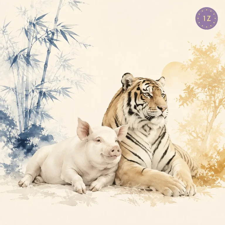 Two minimal gold-line pig and tiger resting by a shared grove