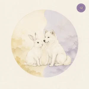 Two minimal gold-line rabbits facing across a divided light circle