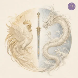 Two minimal gold-line rooster and dragon circling a shared jeweled blade