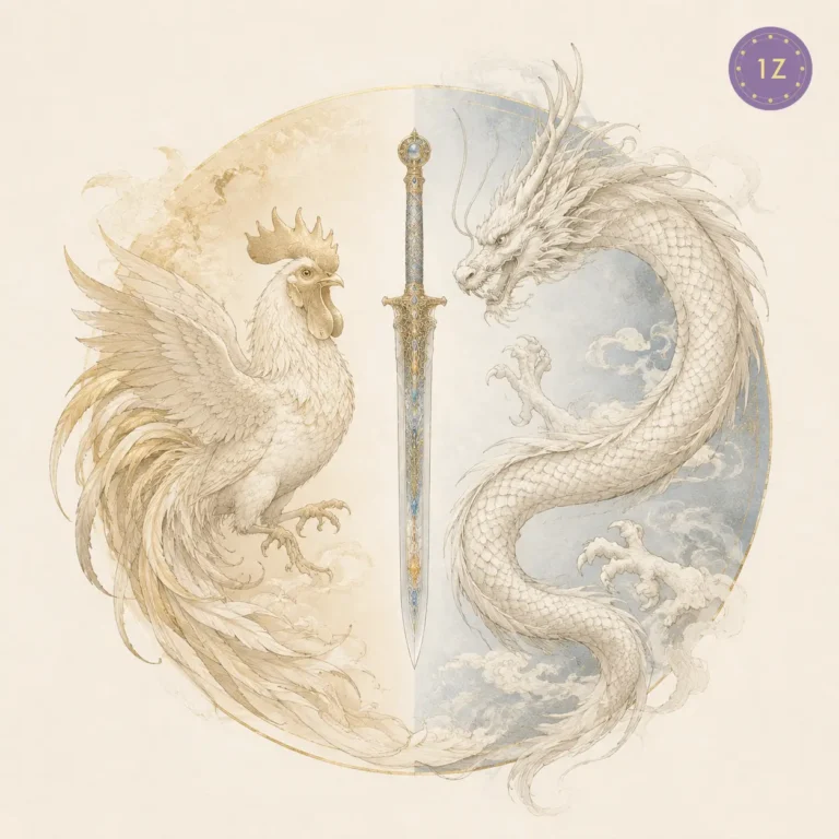Two minimal gold-line rooster and dragon circling a shared jeweled blade