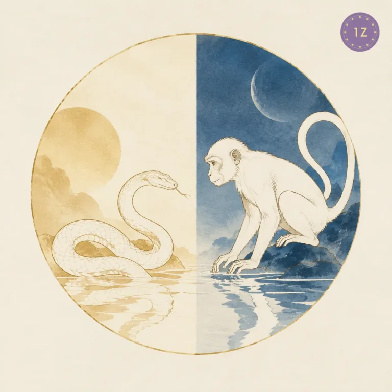 Two minimal gold-line snake and monkey sharing a water pool