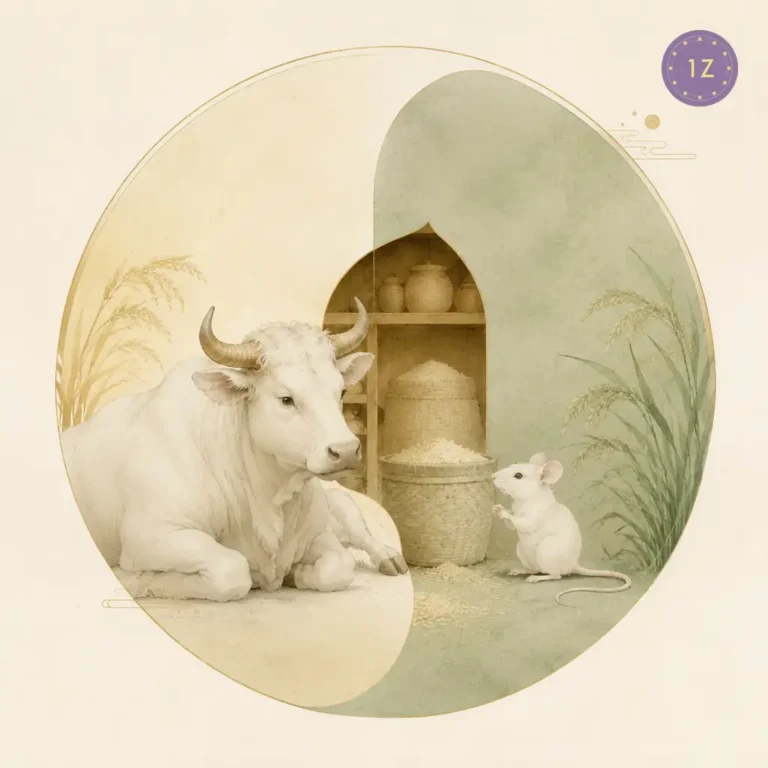 Two minimal gold-line ox and rat sharing a granary
