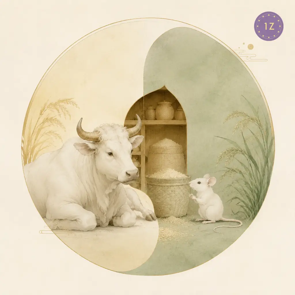 Two minimal gold-line ox and rat sharing a granary