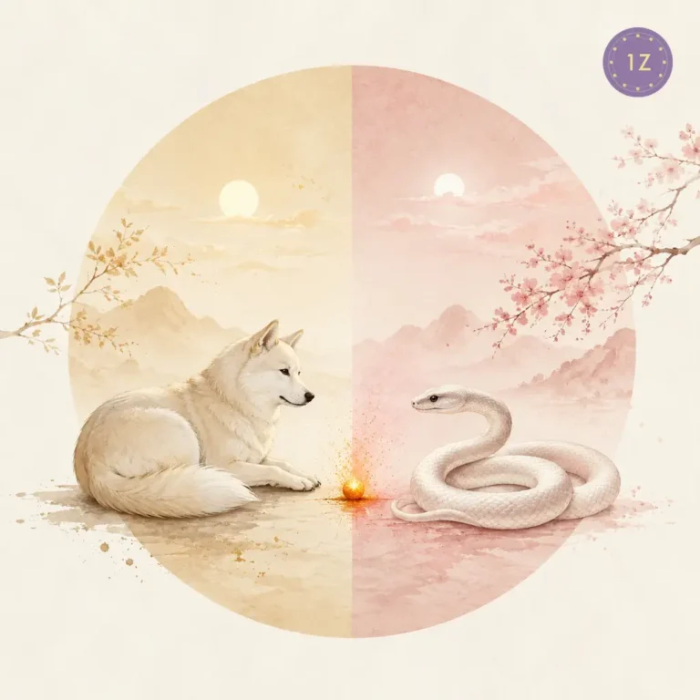 Two minimal gold-line dog and snake resting before a shared ember