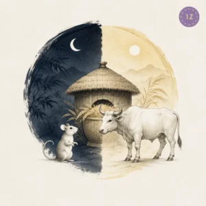 Two minimal gold-line rat and ox standing before a shared granary