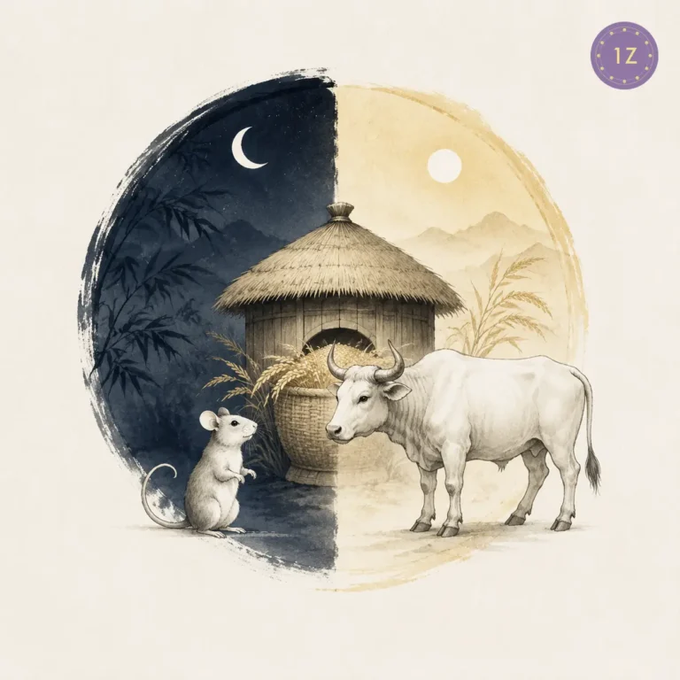 Two minimal gold-line rat and ox standing before a shared granary