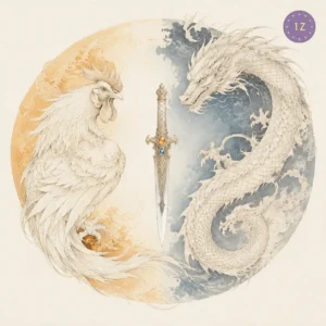 Two minimal gold-line rooster and dragon circling a jeweled blade