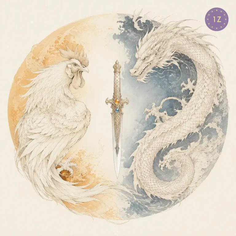 Two minimal gold-line rooster and dragon circling a jeweled blade