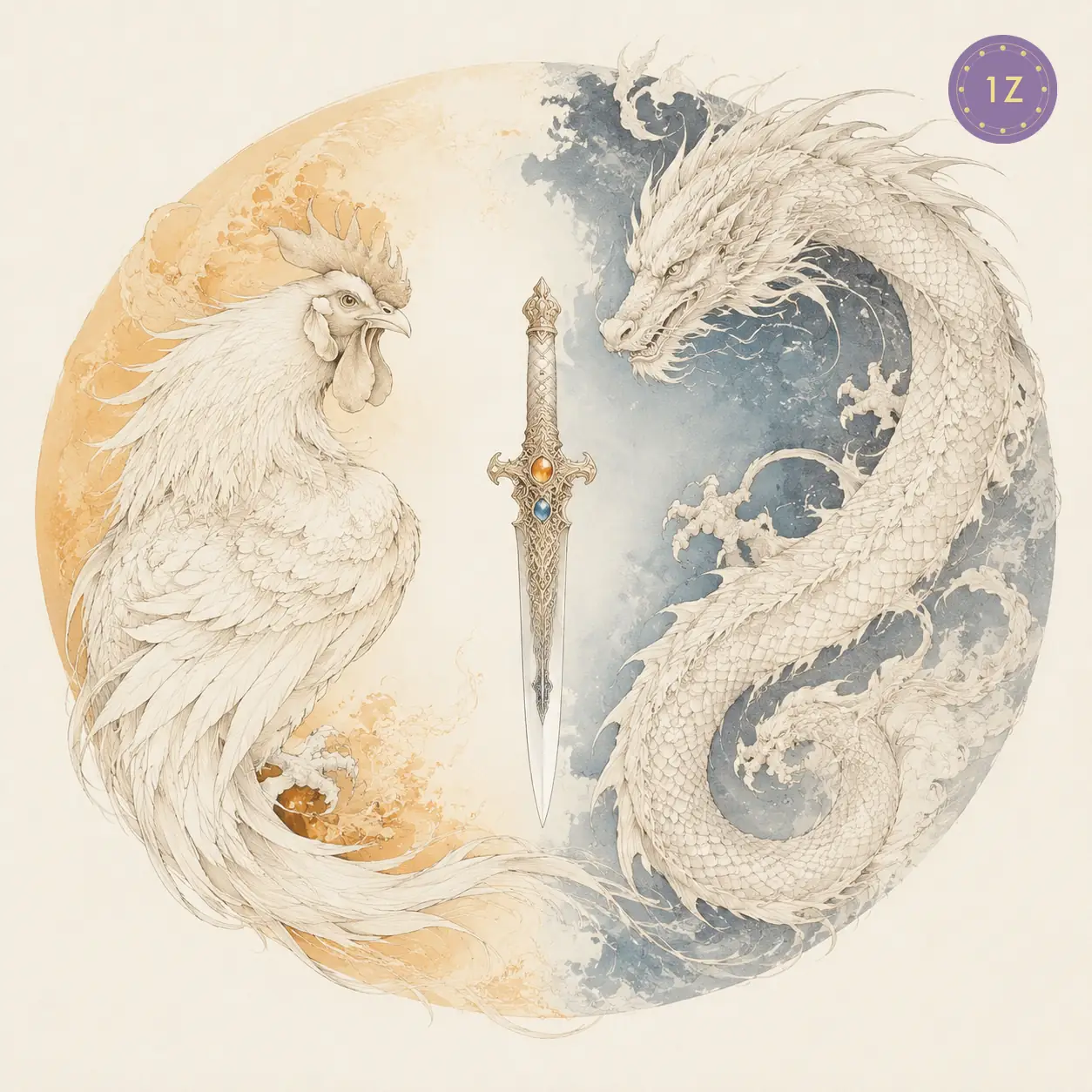 Two minimal gold-line rooster and dragon circling a jeweled blade
