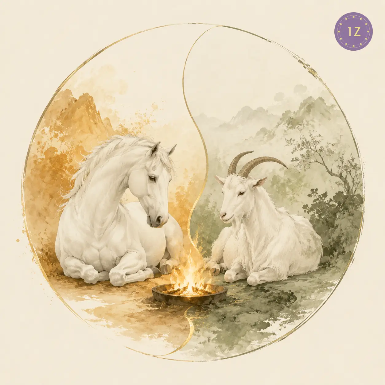Two minimal gold-line horse and goat sharing one hearth
