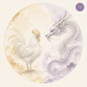 Two minimal gold-line roosters facing across a divided light circle