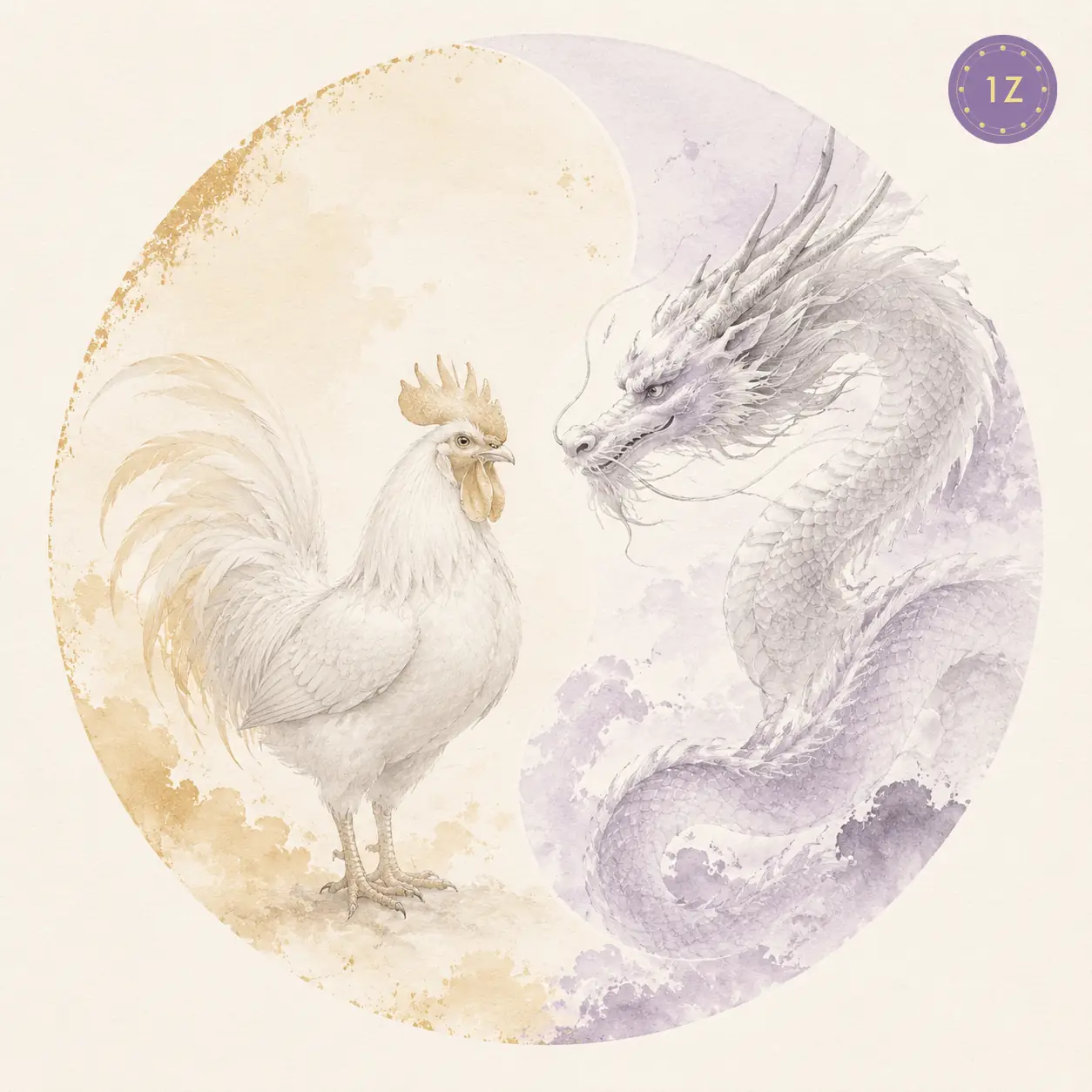 Two minimal gold-line roosters facing across a divided light circle