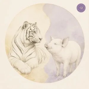 Two minimal gold-line tigers facing across a divided light circle