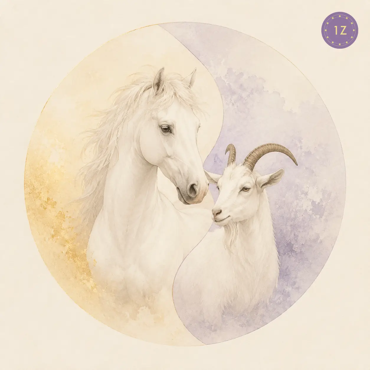 Two minimal gold-line horses facing across a divided light circle