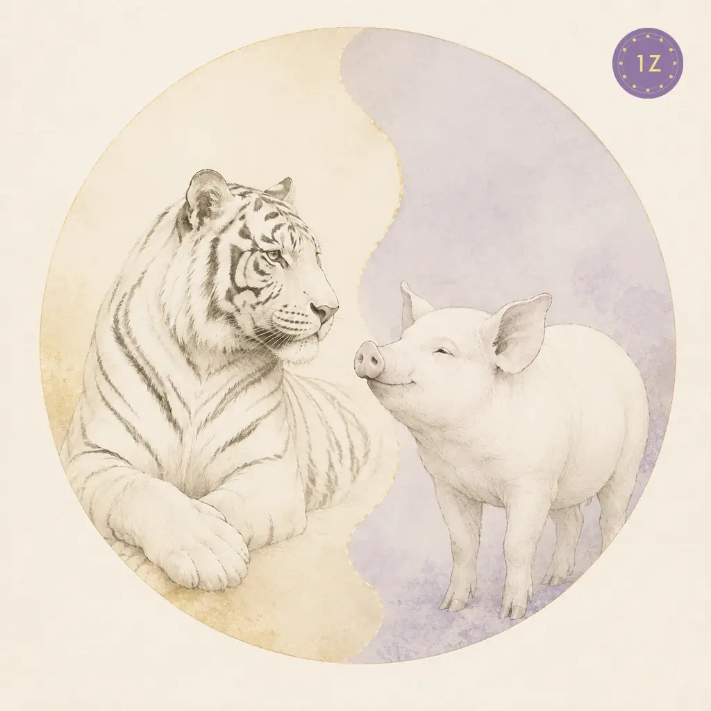 Two minimal gold-line tigers facing across a divided light circle