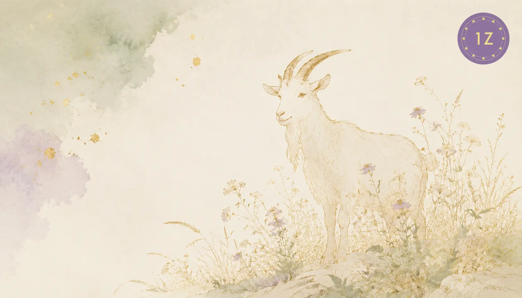 Two minimal gold-line goats facing across a divided light circle