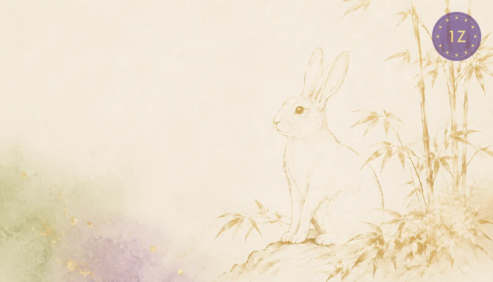 Two minimal gold-line rabbit and dog facing across a divided light circle