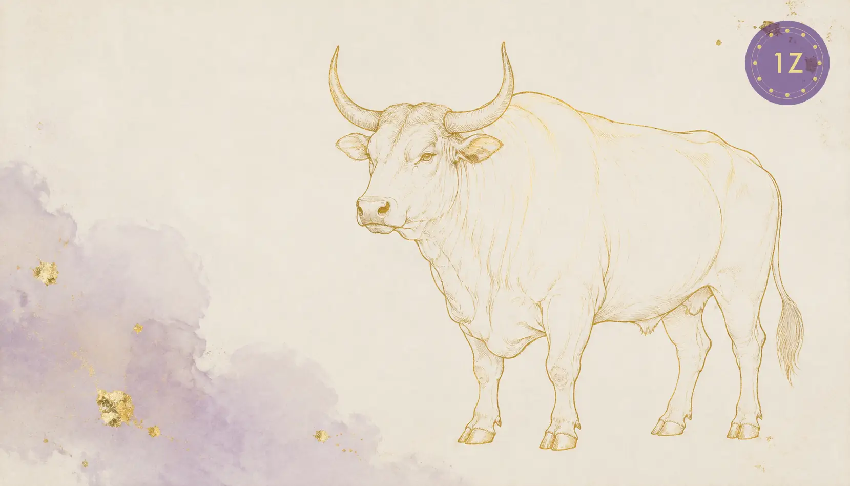Minimal gold line ox in a light-luxury white space with soft lavender wash