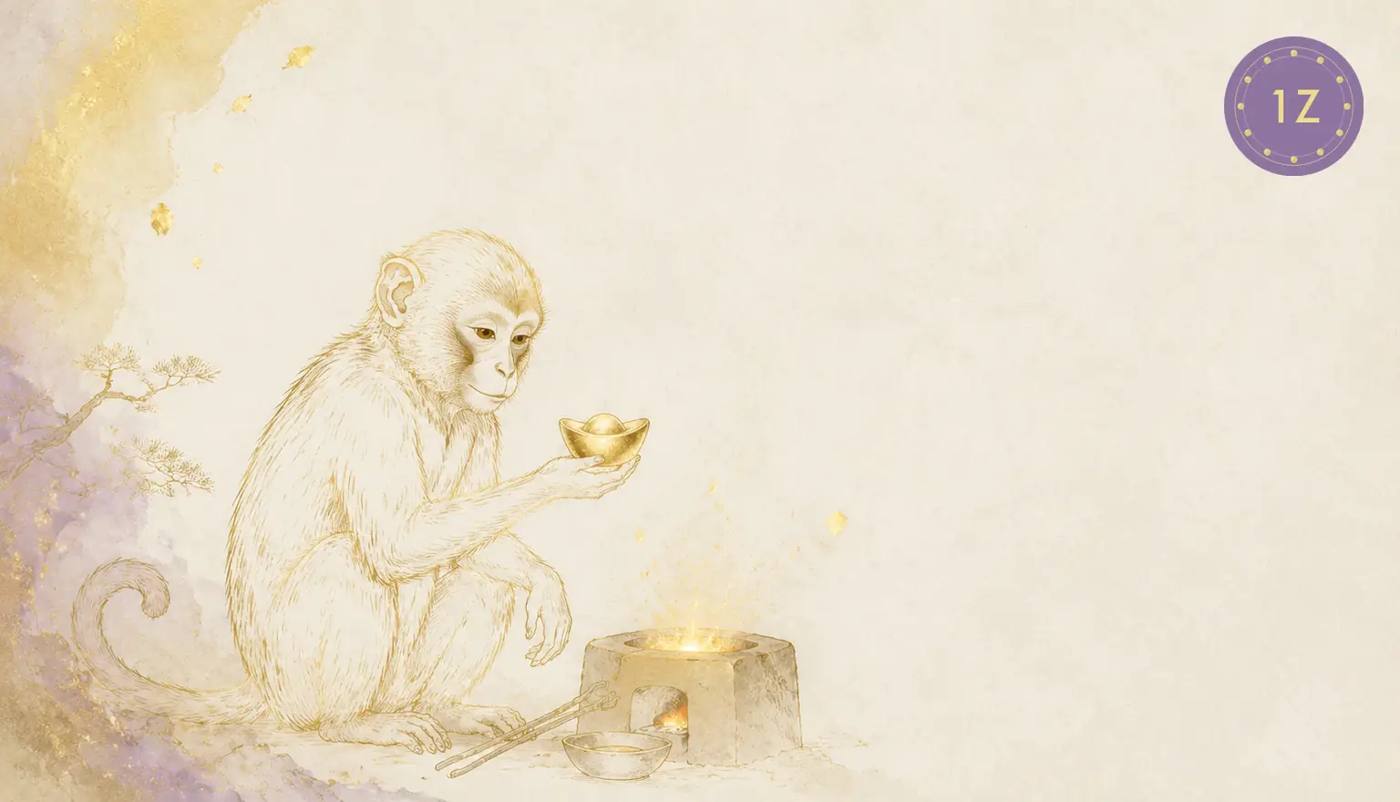 Minimal gold line monkey in a light-luxury white space with warm fire-year wash