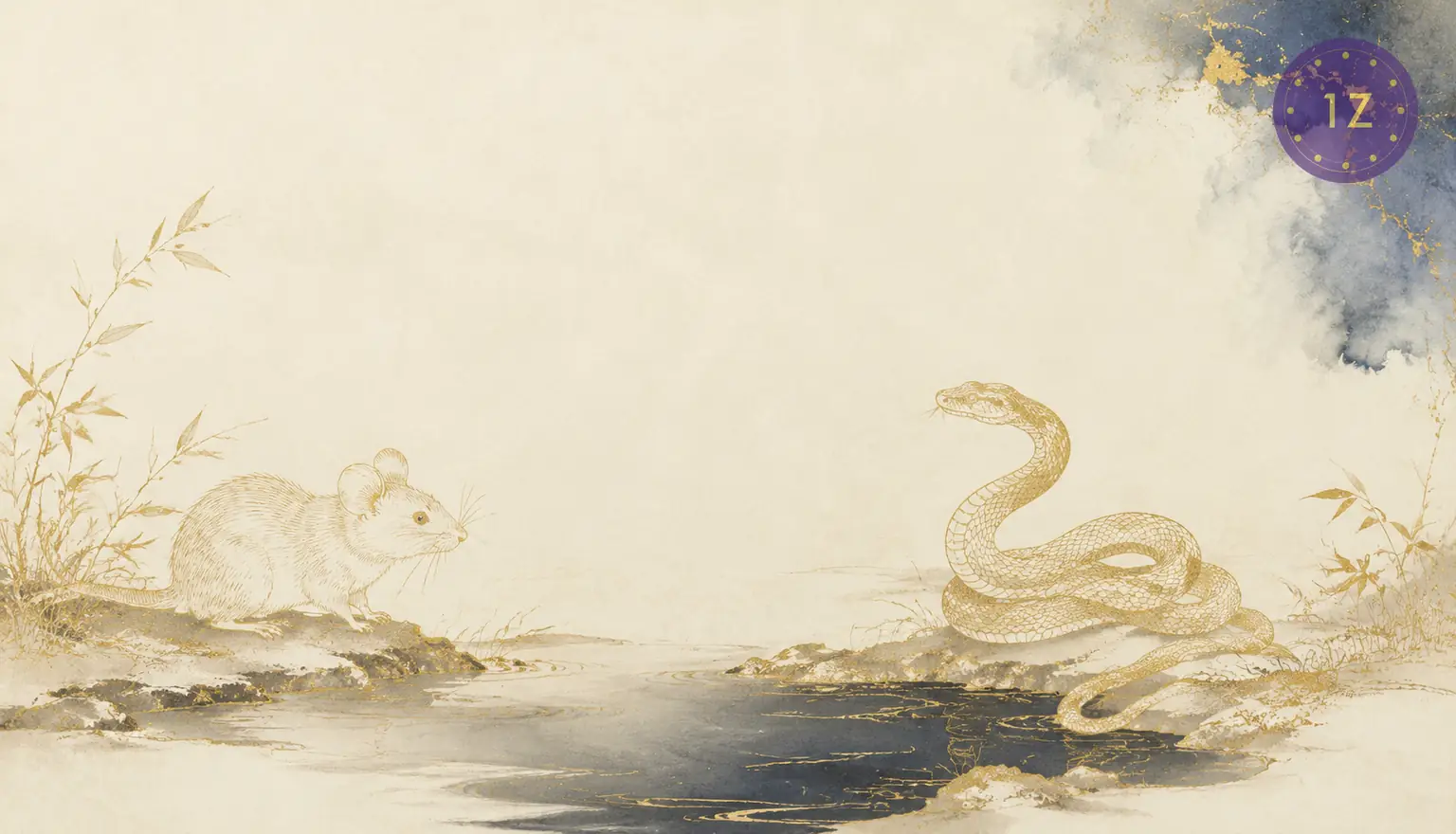 Two minimal gold-line rat and snake circling a shared quiet pool