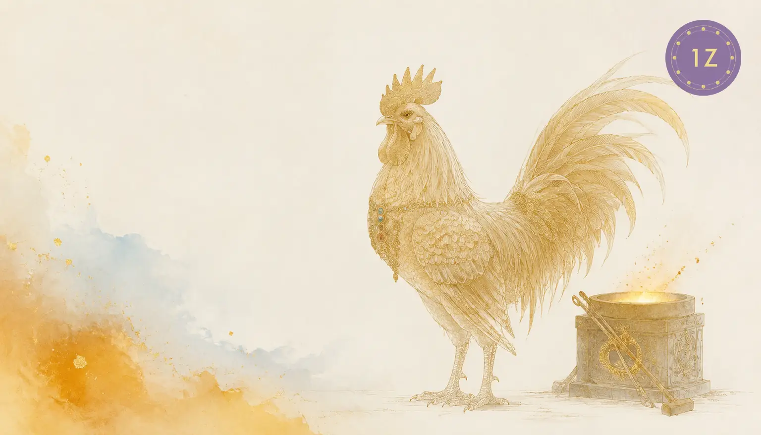 Two minimal gold-line rooster and dragon circling a shared jeweled blade