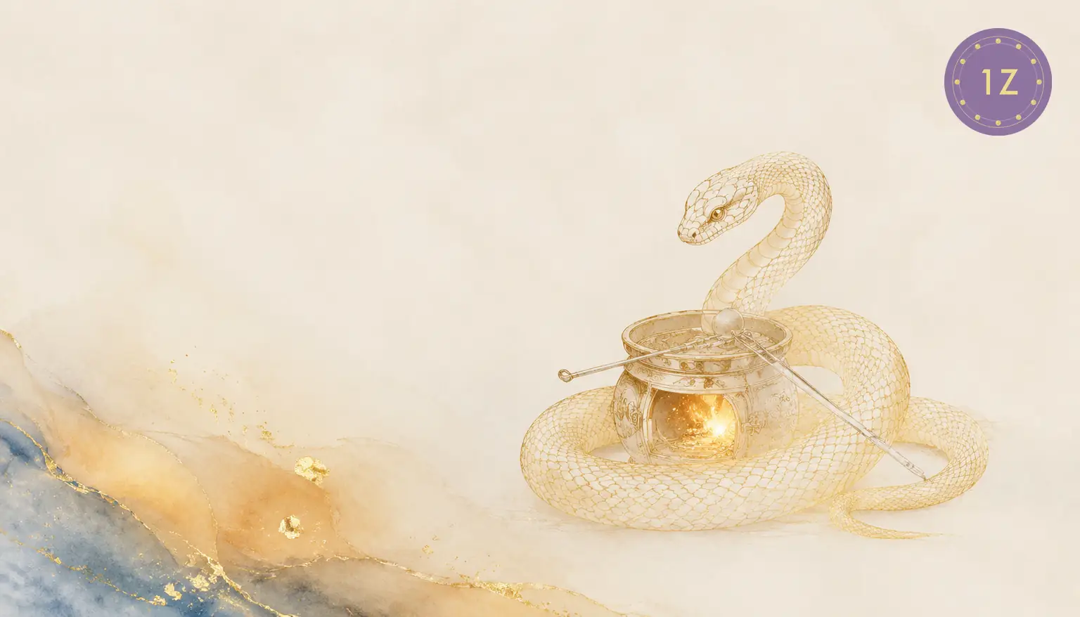 Two minimal gold-line snake and monkey sharing a water pool