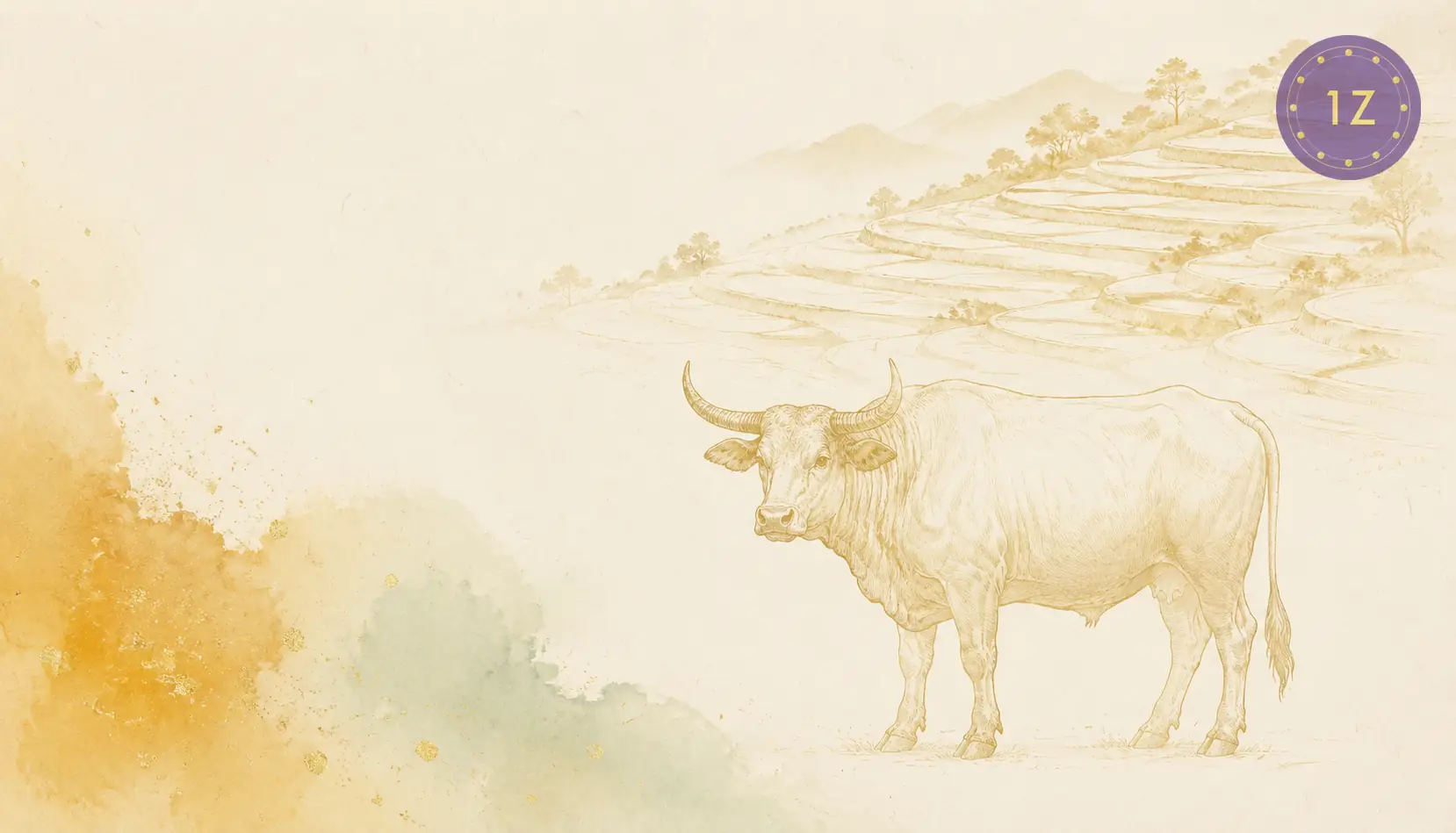 Minimal gold line ox standing before rising earthen walls in light-luxury white space