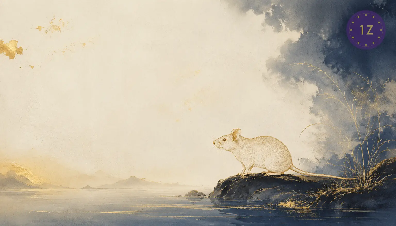 Minimal gold line rat crossing calm water under a warm horizon glow