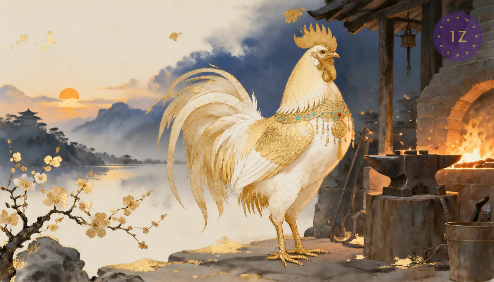 Minimal gold line rooster beside a glowing forge at dusk