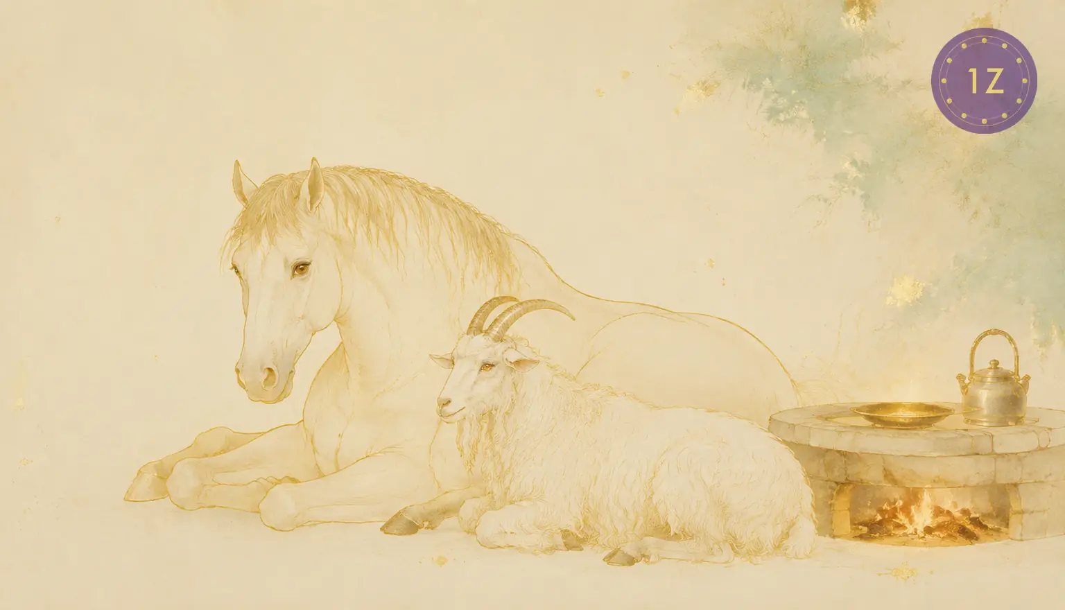 Minimal gold line horse and goat resting by a shared hearth