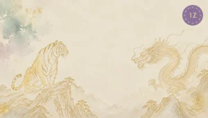 Minimal gold line tiger and dragon facing on a mountain ridge in light-luxury white space