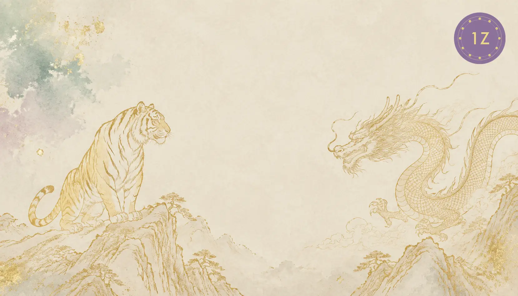 Minimal gold line tiger and dragon facing on a mountain ridge in light-luxury white space