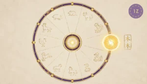 Twelve-seat cycle wheel with Rabbit east position glowing and wood character