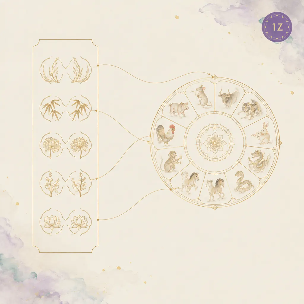 All ten BaZi day stems arranged in five paired rows beside a twelve-animal zodiac wheel, antique gold lines on rice paper