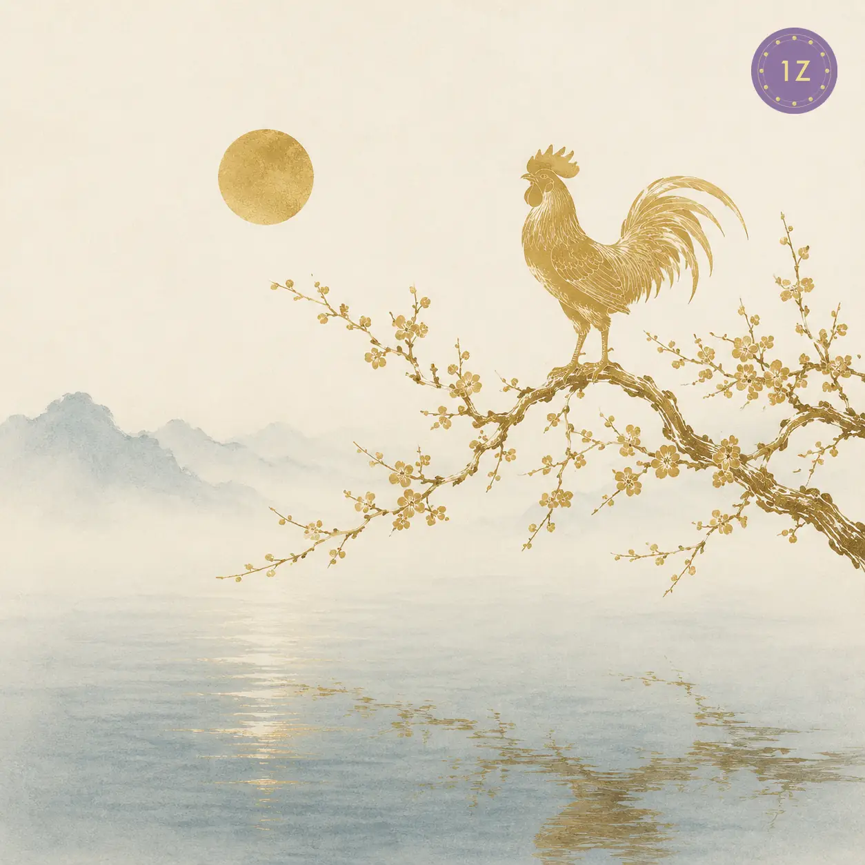 Minimal gold line rooster on a branch above a calm pond at dusk