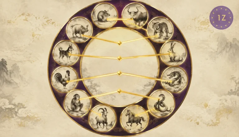 Six harmony wheel with six gold chords pairing Chinese zodiac animals