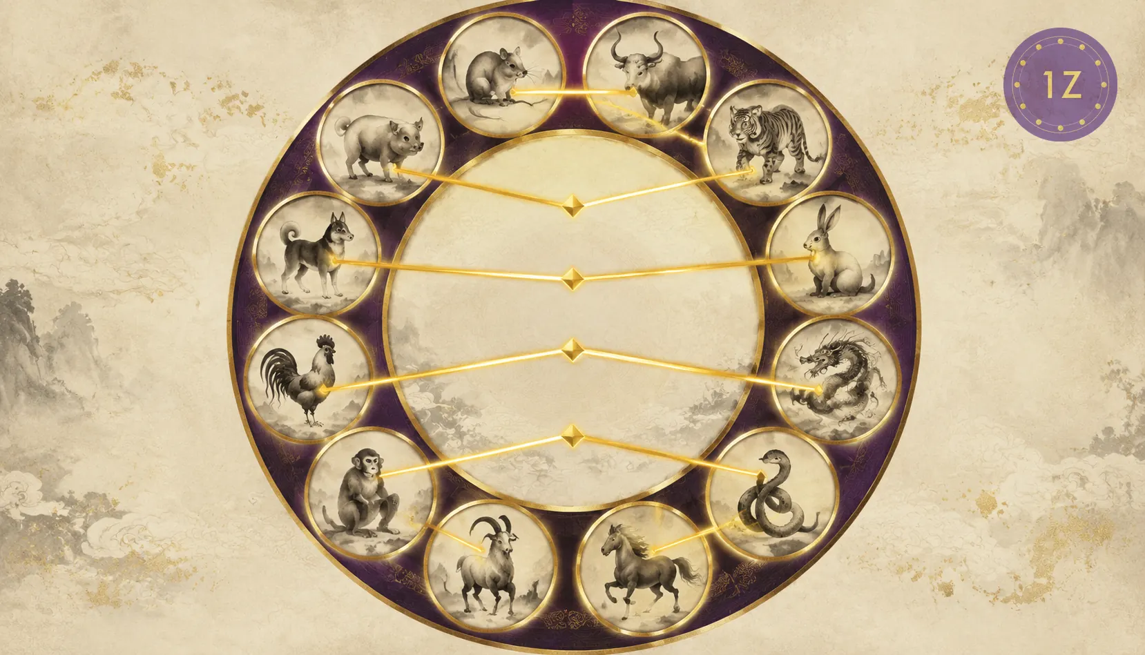 Six harmony wheel with six gold chords pairing Chinese zodiac animals