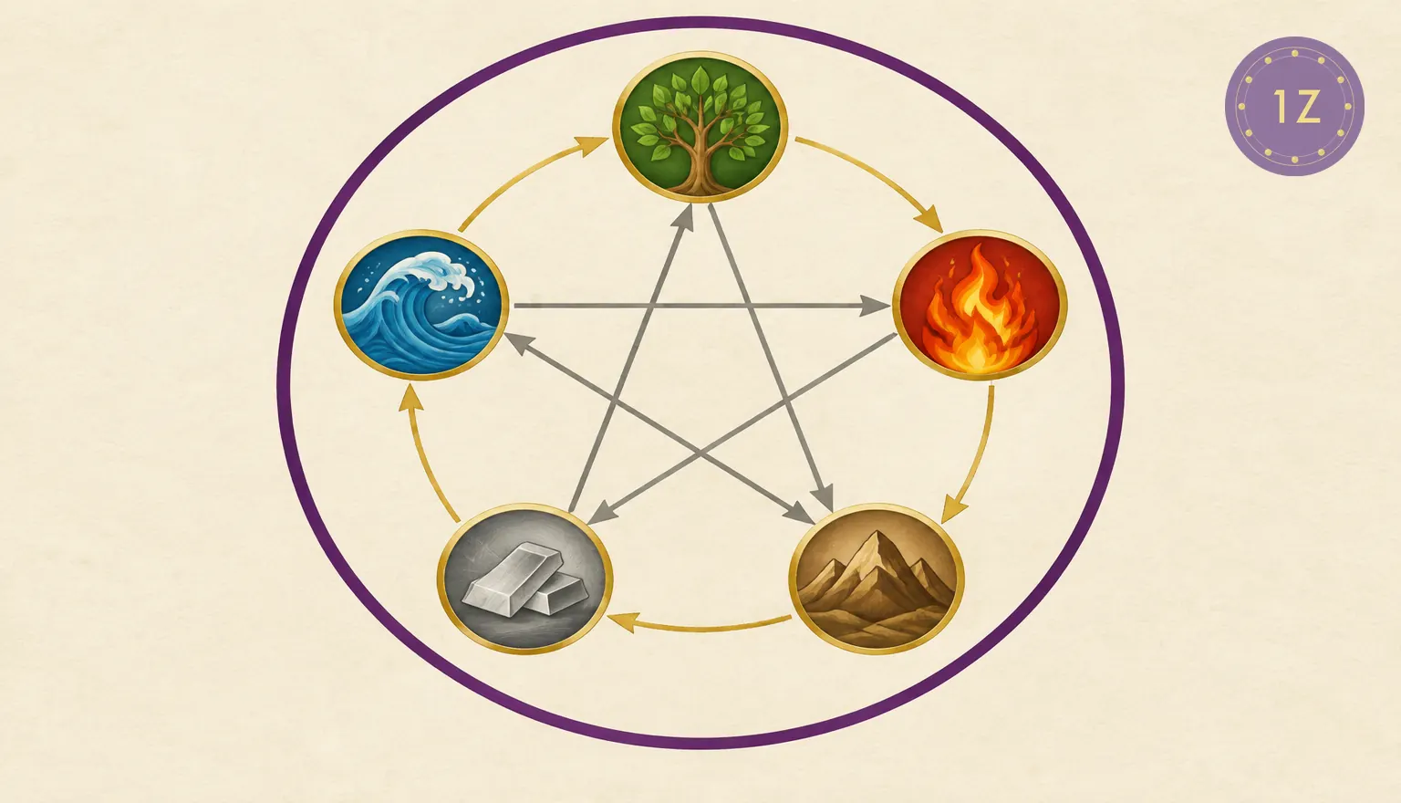 Five element pentagon with feeding arrows and checking star