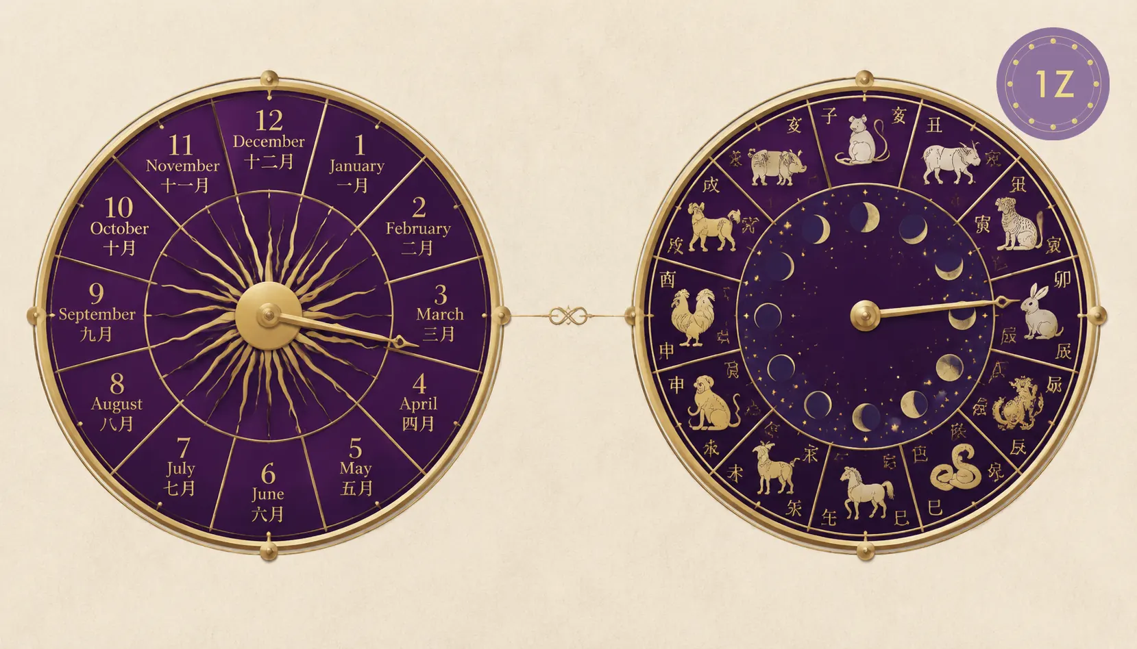Two clocks diagram: western sun months and Chinese lunar years