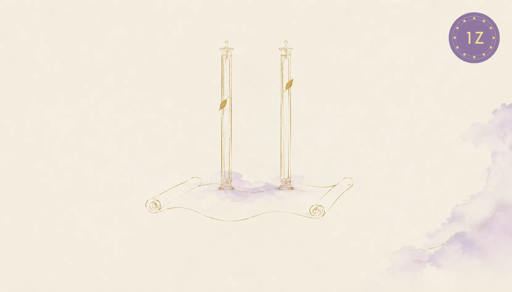 Bad BaZi chart case illustration of two pillar seals and a ledger drawn in antique gold lines on rice paper with a faint lavender wash