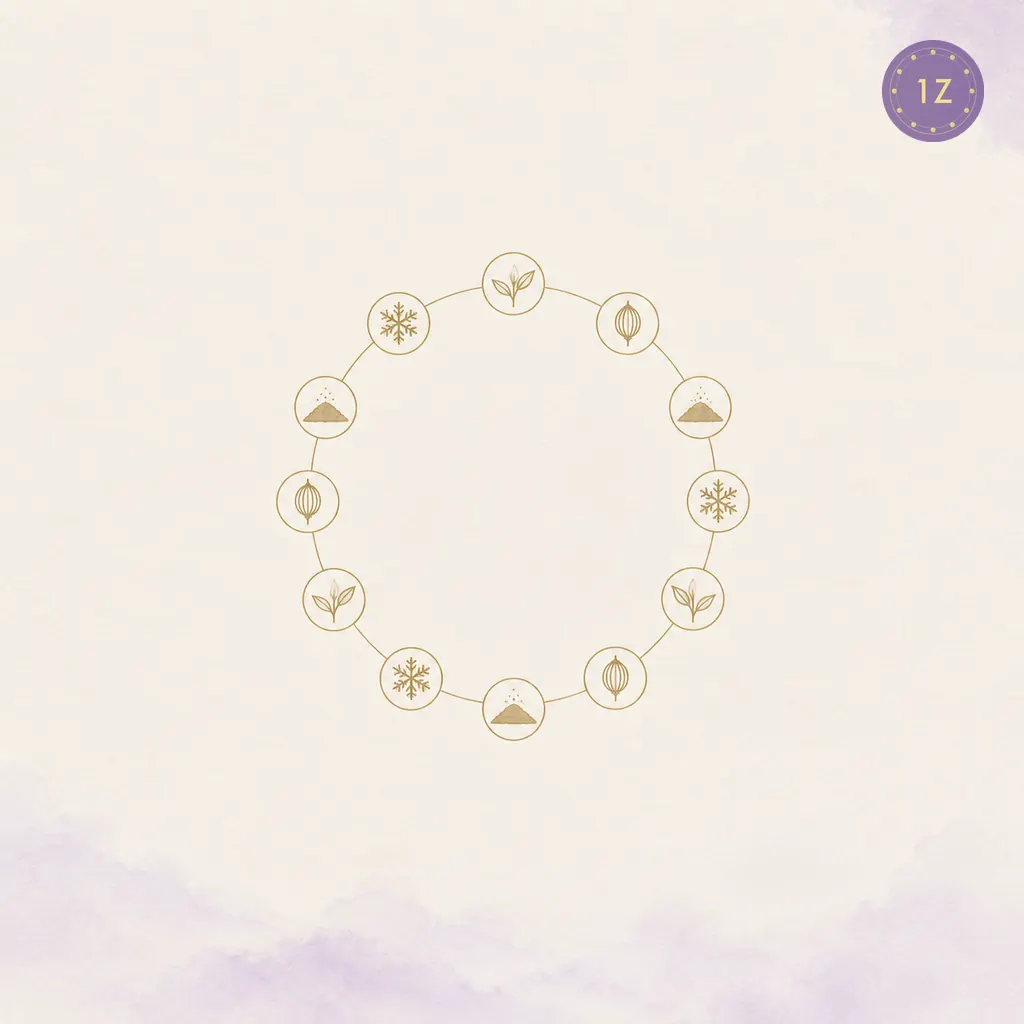 Twelve BaZi season branch nodes around one gold seasonal ring on rice paper