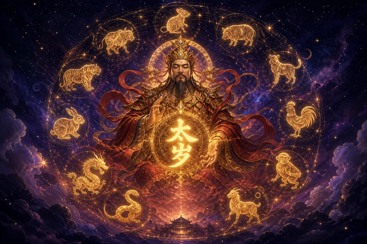 Benmingnian zodiac year concept with Tai Sui celestial imagery