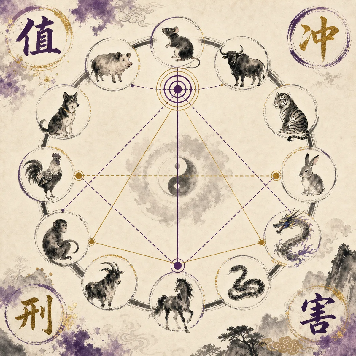 Four types of Fan Tai Sui diagram showing Zhi Chong Xing Hai relationships between zodiac animals