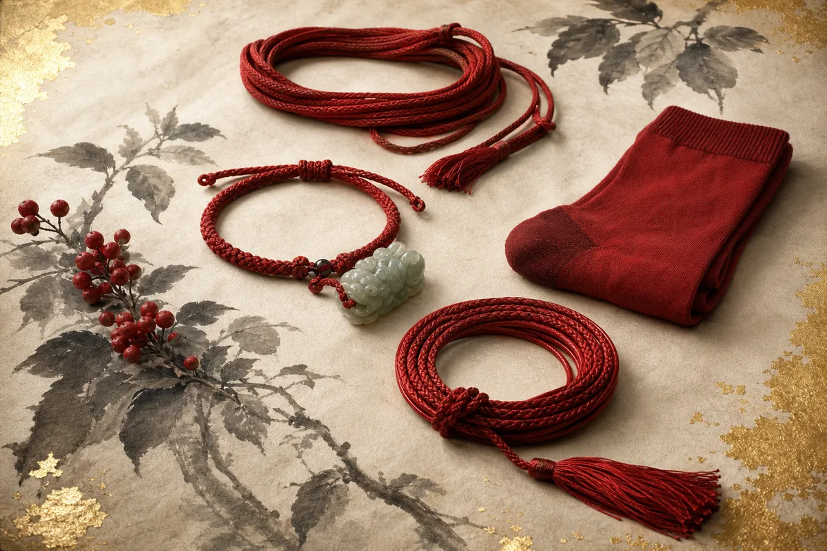 Traditional Benmingnian red protection items: red string bracelet, red socks, red belt, jade Pixiu amulet