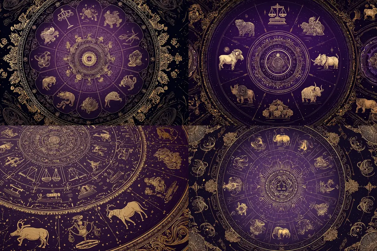 Chinese zodiac career guide — twelve animal signs with professional destiny symbols in golden ink mandala
